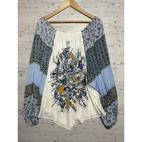 Free People Blue White Positano Print Peasant Floral Boho Blouse L/G, MSRP $128 - Picture 10 of 15